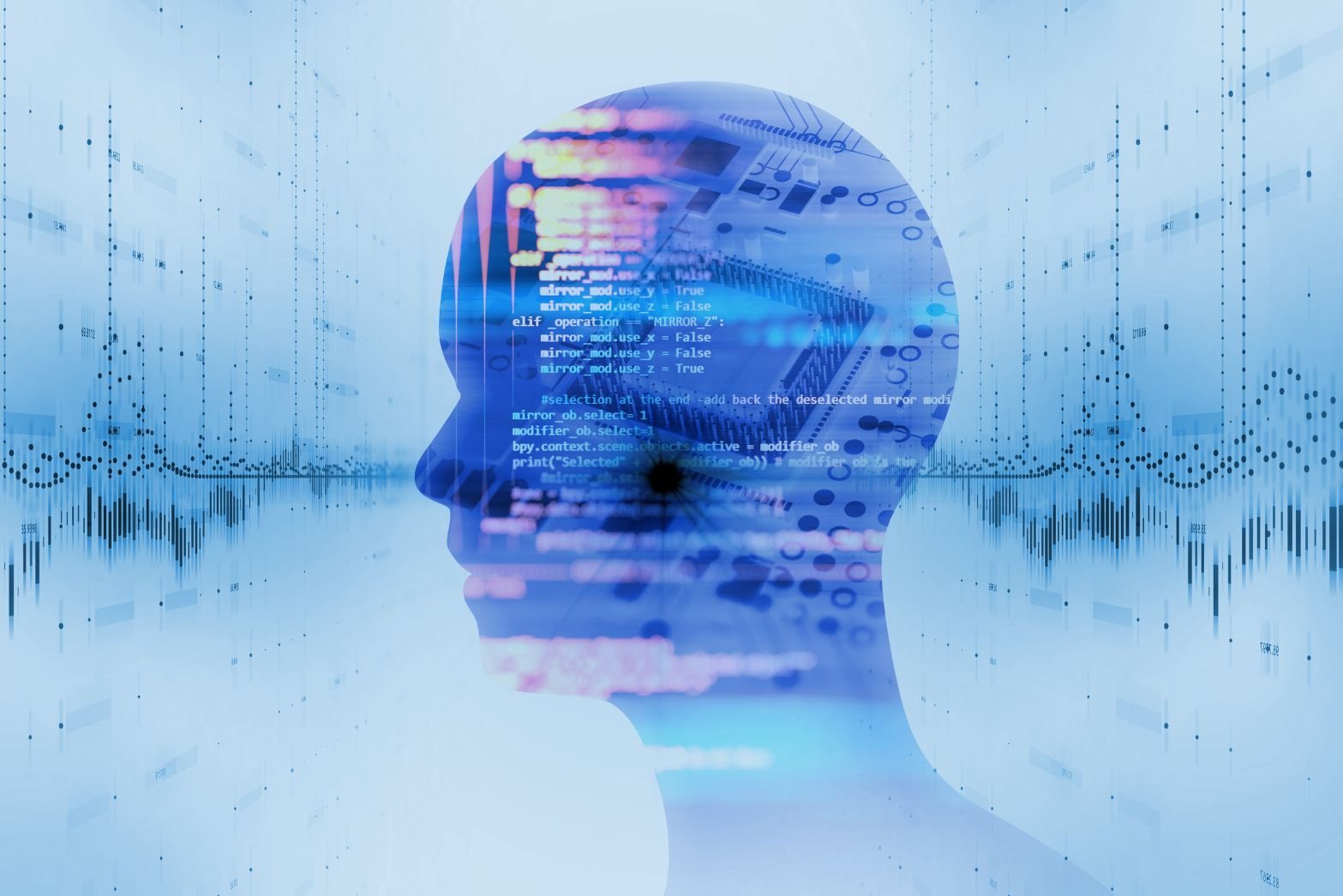 Digital visualization showing a head silhouette with embedded code and waveform signals, symbolizing integrated data acquisition, processing, and analysis systems